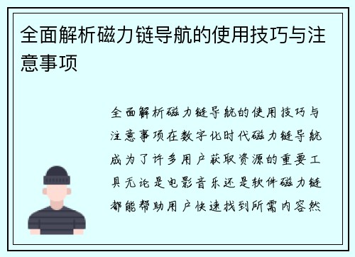 全面解析磁力链导航的使用技巧与注意事项